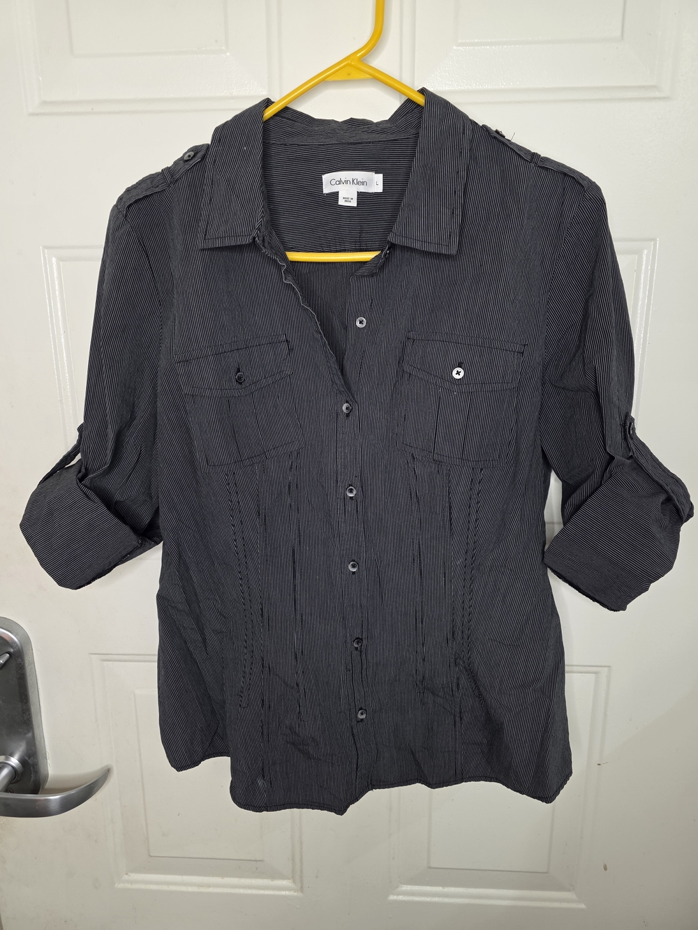 Calvin Klein Black And White Roll-Sleeve Button Down Shirt Size Large